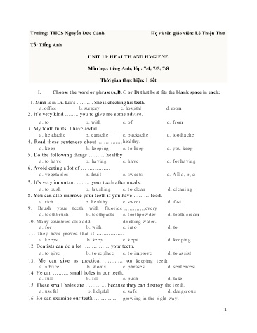 Bài tập ôn tập Tiếng Anh Lớp 7 - Unit 10: Health and hygiene - Lê Thiện Thư