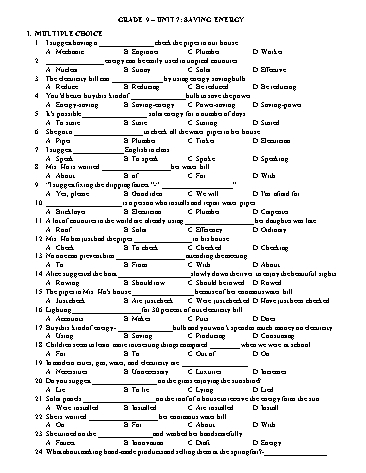 Bài tập ôn tập Tiếng Anh Lớp 9 - Unit 7: Saving energy