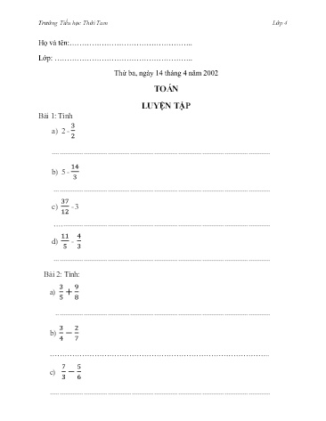 Bài tập ôn tập Toán + Tiếng Việt Lớp 4 - Tuần 24 - Năm học 2019-2020 - Trường Tiểu học Thới Tam
