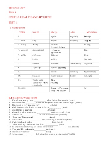 Bài tập ôn Tiếng Anh 7 - Tuần 4, Unit 10: Health and hygiene