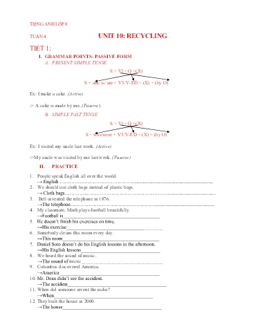Bài tập ôn Tiếng Anh 8 - Tuần 4, Unit 10: Recycling