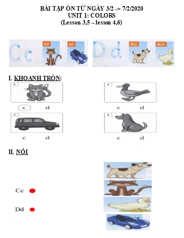 Bài tập ôn Tiếng Anh Lớp 1 Family and Friends - Unit 1+2 - Năm học 2019-2020