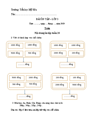 Bài tập ôn Toán Lớp 3 - Tuần 26 - Trường Tiểu học Mỹ Hòa