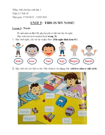 Bài tập Tiếng Anh Lớp 1 - Unit 5: This is my nose. Lesson 1+2+3 - Năm học 2019-2020