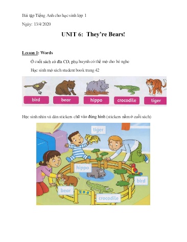 Bài tập Tiếng Anh Lớp 1 - Unit 6: They’re Bears. Lesson 1+2+3 - Năm học 2019-2020