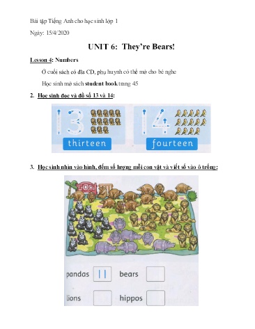 Bài tập Tiếng Anh Lớp 1 - Unit 6: They’re Bears. Lesson 4+5+6 - Năm học 2019-2020