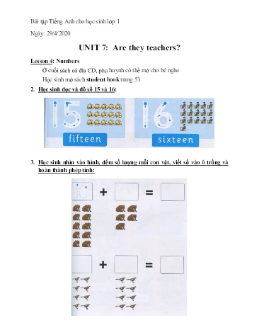 Bài tập Tiếng Anh Lớp 1 - Unit 7: Are they teachers. Lesson 4+5+6 - Năm học 2019-2020