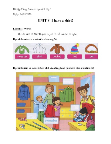 Bài tập Tiếng Anh Lớp 1 - Unit 8: I have a shirt. Lesson 1+2+3 - Năm học 2019-2020