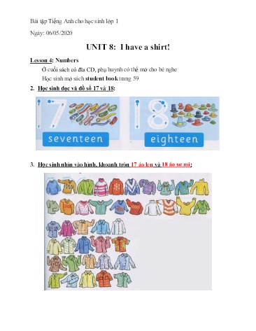 Bài tập Tiếng Anh Lớp 1 - Unit 8: I have a shirt. Lesson 4+5+6 - Năm học 2019-2020