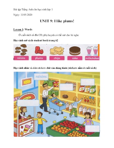 Bài tập Tiếng Anh Lớp 1 - Unit 9: I like plums. Lesson 1+2+3 - Năm học 2019-2020
