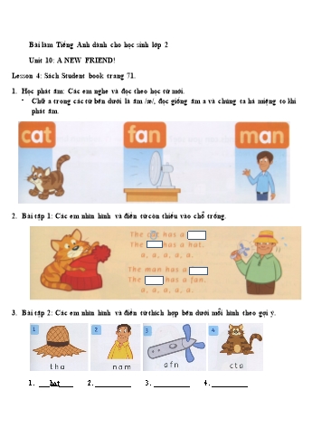 Bài tập Tiếng Anh Lớp 2 - Unit 10: A new friend. Lesson 4+5+6