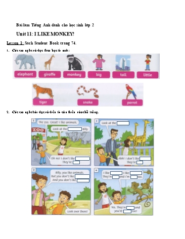 Bài tập Tiếng Anh Lớp 2 - Unit 11: I like monkey. Lesson 1+2