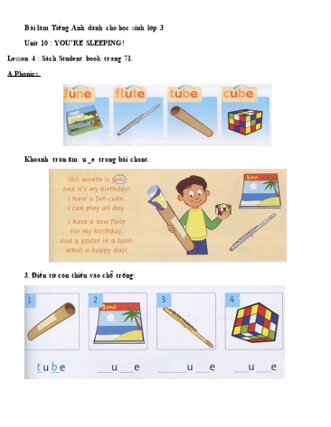Bài tập Tiếng Anh Lớp 3 - Unit 10: You’re sleeping. Lesson 4+5
