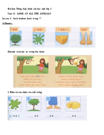 Bài tập Tiếng Anh Lớp 3 - Unit 11: Look at all the animals. Lesson 4+5
