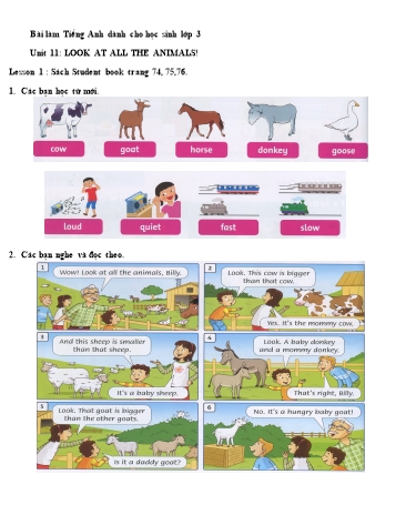 Bài tập Tiếng Anh Lớp 3 - Unit 11: Look at all the animals. Lesson 1+2