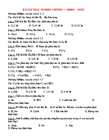 Bài tập trắc nghiệm Hóa học Lớp 8 - Chương 5: Hiđro. Nước