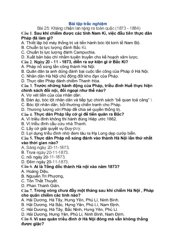Bài tập trắc nghiệm Lịch sử Khối 8 - Bài 25: Kháng chiến lan rộng ra toàn quốc (1873-1884)