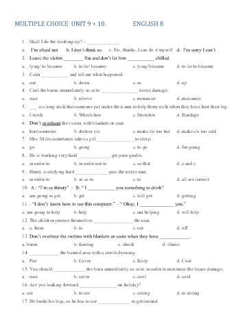 Bài tập trắc nghiệm ôn Tiếng Anh 8 - Unit 9+10