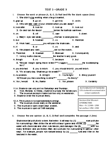 Bài Test Tiếng Anh Lớp 9 - Test 3