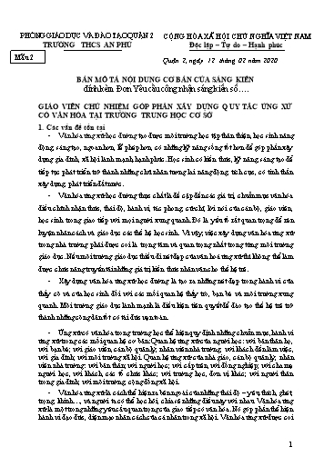 Bản mô tả Sáng kiến Giáo viên chủ nhiệm góp phần xây dựng quy tắc ứng xử có văn hóa tại trường Trung học cơ sở