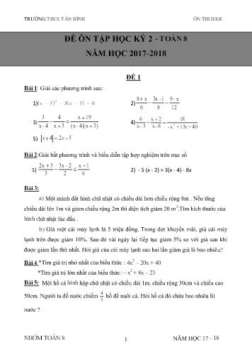 Bộ đề ôn tập học kỳ 2 môn Toán Lớp 8 - Năm học 2018-2019 - Trường THCS Tân Bình