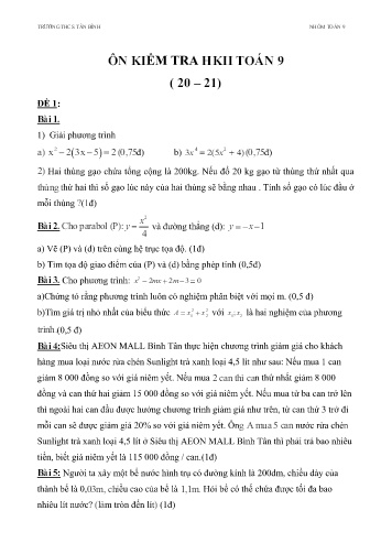 Bộ đề ôn tập kiểm tra học kỳ II môn Toán 9 - Trường THCS Tân Bình