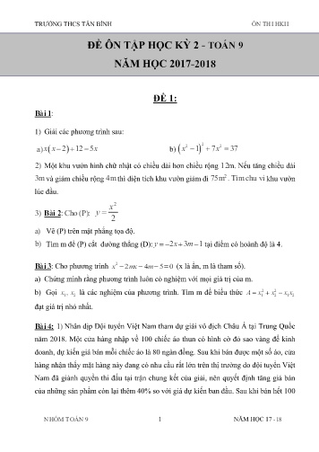 Bộ đề ôn thi học kỳ 2 môn Toán Lớp 9 - Năm học 2017-2018 - Trường THCS Tân Bình