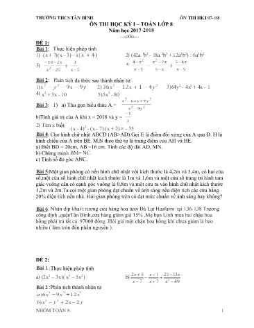 Bộ đề ôn thi học kỳ I môn Toán Lớp 8 - Năm học 2017-2018 - Trường THCS Tân Bình