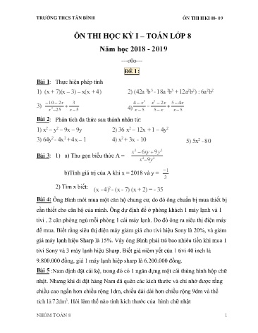 Bộ đề ôn thi học kỳ I môn Toán Lớp 8 - Năm học 2018-2019 - Trường THCS Tân Bình