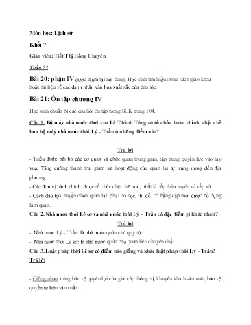 Câu hỏi ôn tập Lịch sử Khối 7 - Bài 20+21 - Tiết Thị Hồng Chuyên