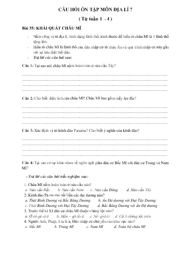 Câu hỏi ôn tập môn Địa lí 7 - Tuần 1 đến 4