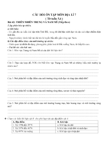 Câu hỏi ôn tập môn Địa lí 7 - Tuần 5+6