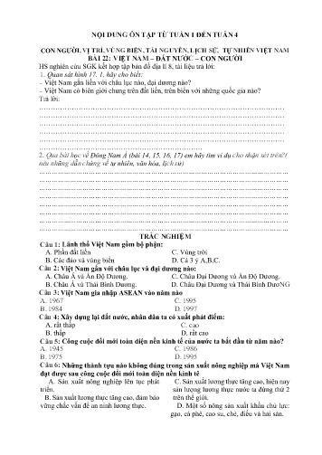 Câu hỏi ôn tập môn Địa lí 8 - Tuần 1 đến 4