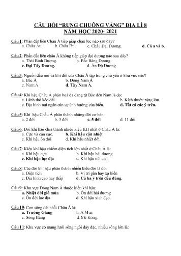 Câu hỏi Rung chuông vàng môn Địa lí Lớp 8 - Năm học 2020-2021