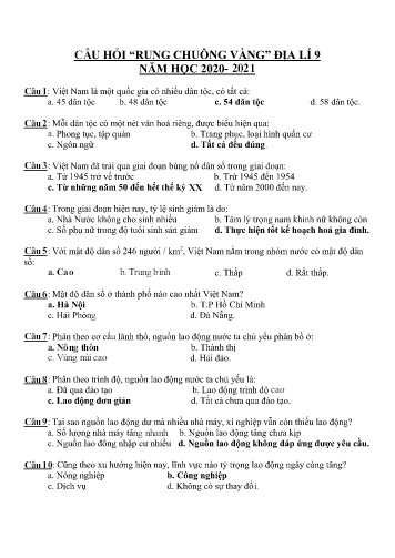 Câu hỏi Rung chuông vàng môn Địa lí Lớp 9 - Năm học 2020-2021