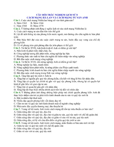 Câu hỏi trắc nghiệm Lịch sử Lớp 8