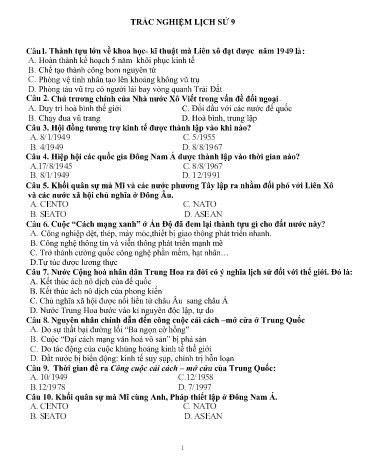 Câu hỏi trắc nghiệm Lịch sử Lớp 9