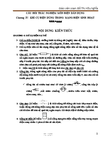Câu hỏi trắc nghiệm môn Điện dân dụng - Chương IV: Khí cụ điện dùng trong mạng điện sinh hoạt - Đỗ Thị Hữu Nghĩa