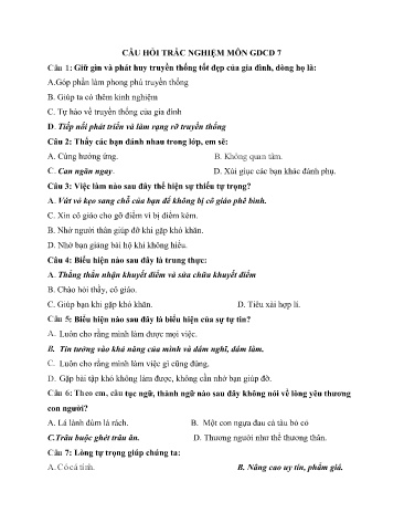 Câu hỏi trắc nghiệm môn Giáo dục công dân Lớp 7