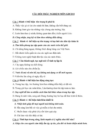 Câu hỏi trắc nghiệm môn Giáo dục công dân Lớp 8