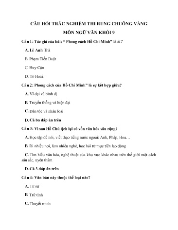Câu hỏi trắc nghiệm thi Rung chuông vàng Ngữ văn Khối 9