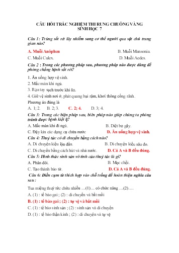 Câu hỏi trắc nghiệm thi Rung chuông vàng Sinh học 7