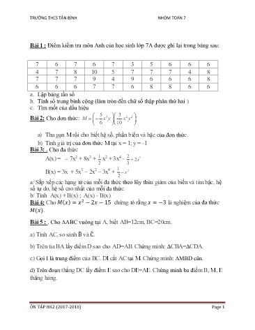 Đề cương ôn tập học kì 2 môn Toán 7 - Năm học 2017-2018 - Trường THCS Tân Bình