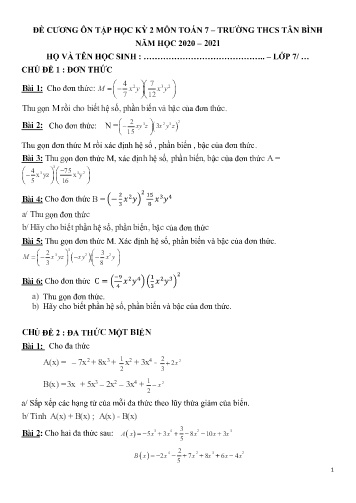 Đề cương ôn tập học kì 2 môn Toán 7 - Năm học 2020-2021 - Trường THCS Tân Bình