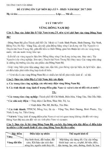 Đề cương ôn tập học kì I môn Địa lí 9 - Năm học 2017-2018 - Trường THCS Tân Bình