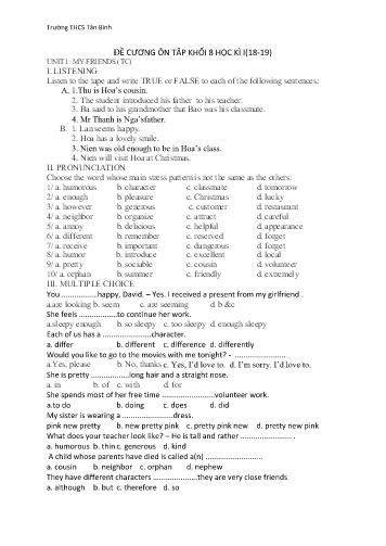 Đề cương ôn tập học kì I môn Tiếng Anh 8 - Năm học 2018-2019 - Trường THCS Tân Bình