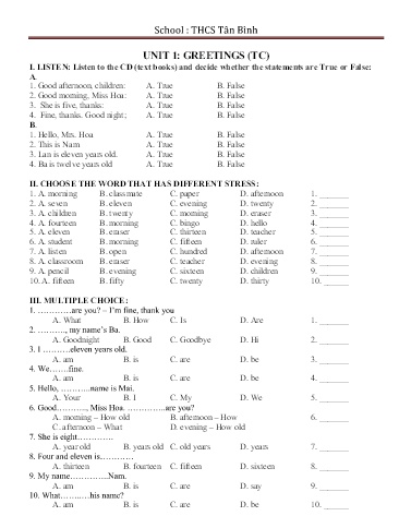 Đề cương ôn tập học kì I môn Tiếng Anh Lớp 6 - Năm học 2017-2018 - Trường THCS Tân Bình