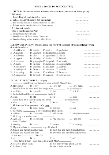 Đề cương ôn tập học kì I môn Tiếng Anh Lớp 7 - Năm học 2017-2018 - Trường THCS Tân Bình