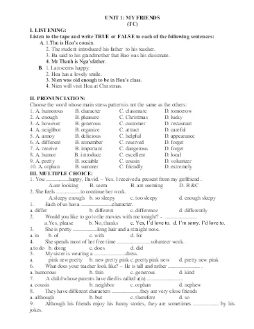 Đề cương ôn tập học kì I môn Tiếng Anh Lớp 8 - Năm học 2017-2018 - Trường THCS Tân Bình