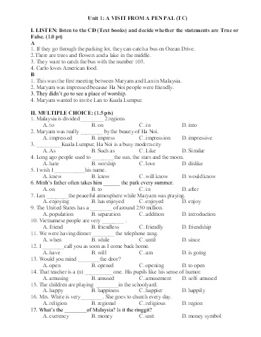 Đề cương ôn tập học kì I môn Tiếng Anh Lớp 9 - Năm học 2017-2018 - Trường THCS Tân Bình
